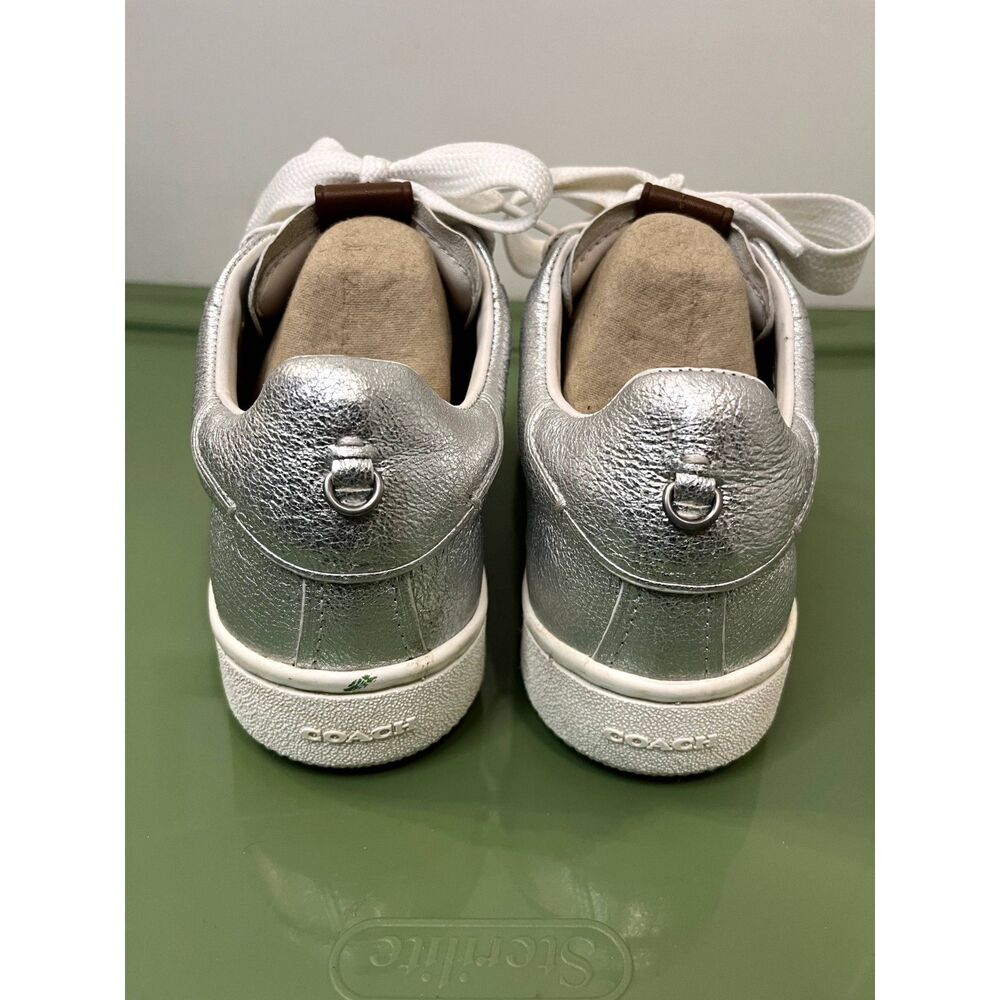 Coach C101 Silver Metallic Low Top Leather Sneakers Tea Rose Eyelets Size 7B - Picture 4 of 9